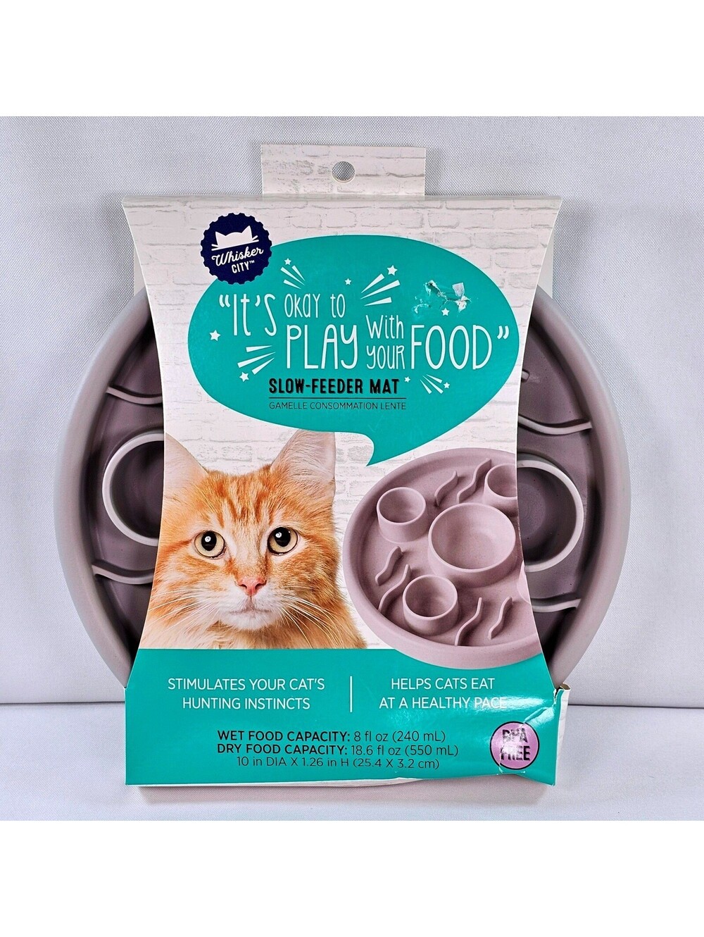 Whisker City Cat Slow Feeder Mat Grey Silicone Puzzle Bowl BPA Free 10 inch DIA